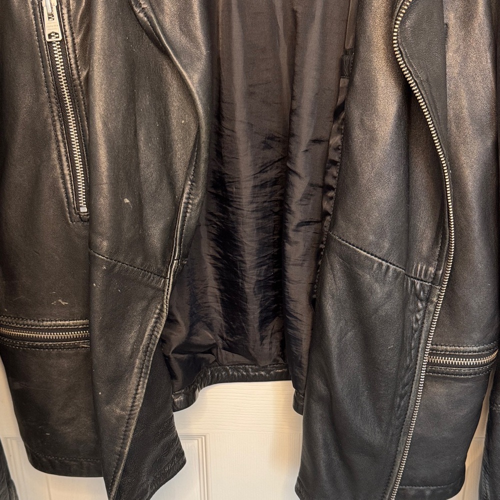 All Saints Mens Black Leather Biker Jacket with Quilted Shoulders - Picture 11 of 15